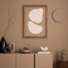 Creative composition of living room interior with mock up poster frame, brown sideboard, wooden...