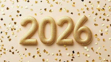 Gold 2026 numerals on beige background with confetti.