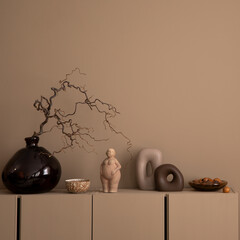 Interior design of living room interior with copy space, mock up poster frame, brown wall, glass...