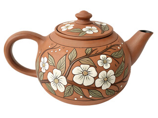 Terracotta teapot with white floral designs isolated on a transparent background ceramic clay