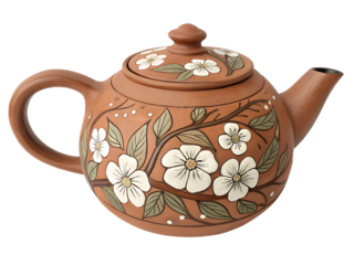 Terracotta teapot with white floral designs isolated on a transparent background ceramic clay
