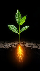 Vitality Unveiled: An artistic display of a young sprout, emanating vibrant life and growth, piercing through cracked earth against a darkened backdrop.