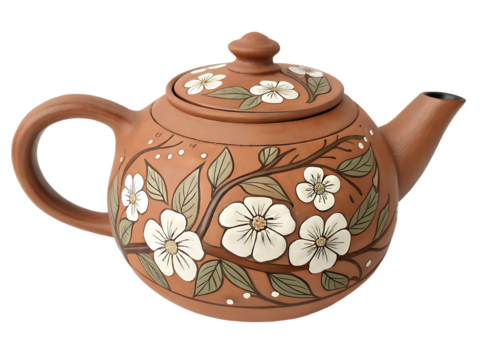 Terracotta teapot with white floral designs isolated on a transparent background ceramic clay