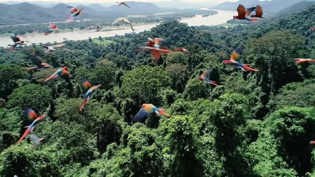Scarlet macaws soaring over lush green rainforest canopy with river and mountains view from above