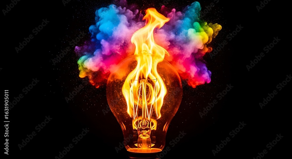 Poster exploding light bulb with fiery core and vibrant rainbow smoke on black background, symbolizing dyna
