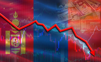 Mongolia financial fall on economy market. Mongolia financial crisis on economic graph