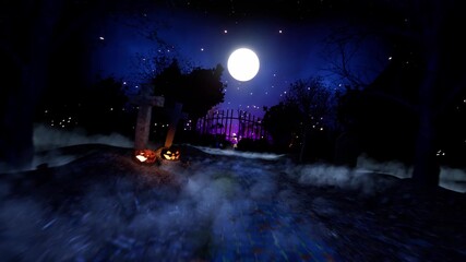 3D animation in a cartoon style: a funny skeleton dances in a graveyard under a bright full moon on a magical Halloween night.