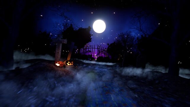 3D animation in a cartoon style: a funny skeleton dances in a graveyard under a bright full moon on a magical Halloween night.