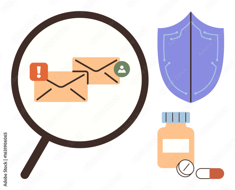 Poster magnifying glass inspecting emails with notification alert and user icon, shield symbolizing protect