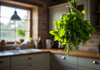 Fototapeta premium Fresh herbs hanging in a bright kitchen with natural light