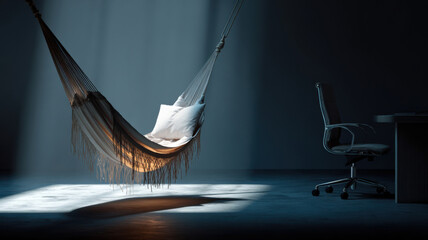 A hammock hanging between two office chairs symbol for work-life relaxation