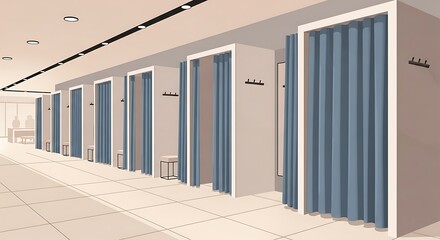 Stylish fitting rooms design in a modern clothing store with minimalist interior