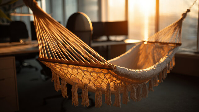 A hammock hanging between in office symbol for work-life relaxation