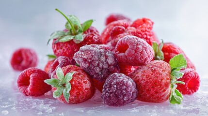 The vibrant pile of frozen strawberries and raspberries scattered with ice crystals.