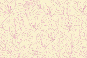 pink lily bloom illustration on soft backdrop vector. graceful botanical lilies with delicate mauve outline. elegant design for interior, mural, print, label, wrap, invite, branding, banner