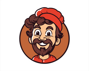 Cartoon caricature of a happy chef with a red toque and beard.