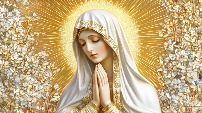 Elegant Holy Symbol Featuring Virgin Mary in Pristine White Veil, Praying Gesture, and Divine Halo