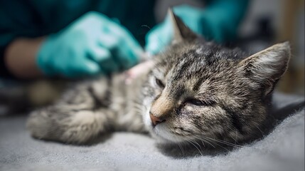Veterinary surgeon stitching wound on a resting cat
