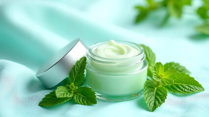 Natural Skincare: A close-up shot unveils a delicate, refreshing green cream jar with its silver lid, encircled by vibrant, fresh mint leaves, all set against a serene, soft background.