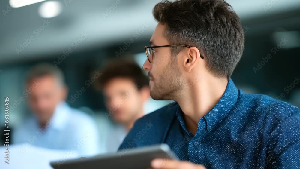 Poster professional reviewing digital analytics on a tablet in a dynamic team environment.