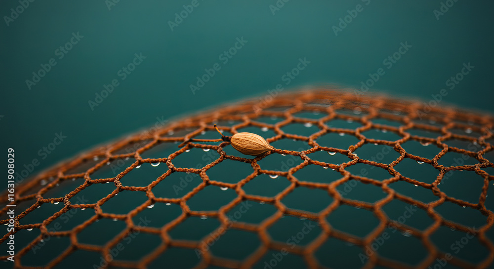 Wall mural macro closeup of a small insect on a wet hexagonal net surface