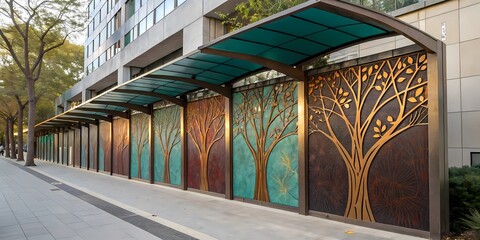 Vertical metallic wall panel with tree trunks and canopies rendered in etched bronze and cast aluminum, canopies filled with colorful enamel inlays — teal, rust, gold, and deep green