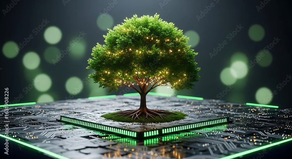 Aufkleber lush green tree with glowing leaves growing on an illuminated circuit board platform representing ec