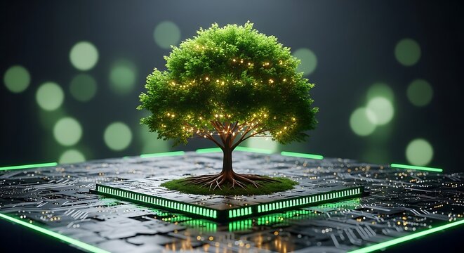 Lush Green Tree with Glowing Leaves Growing on an Illuminated Circuit Board Platform Representing Eco-Friendly Technology