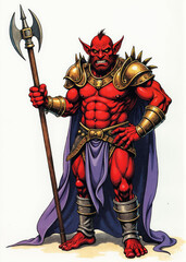 Hobgoblin war captain with dark red skin and bulky frame, standing proudly with hand on hip &ndash; RPG fantasy enemy leader drawn in old school tabletop style, armored and confident