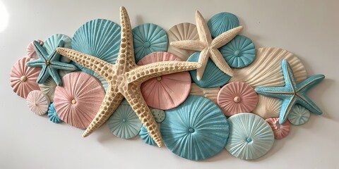 Wall-mounted ceramic cluster of sculpted shells and starfish, glazed in pearlescent aqua, rose gold, and sand beige — an earthy yet oceanic-inspired luxury decor.