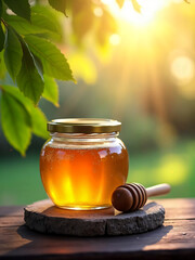 Golden Honey in Jar: A close-up shot of a jar brimming with golden honey, complemented by a wooden honey dipper, against a sun-drenched background.
