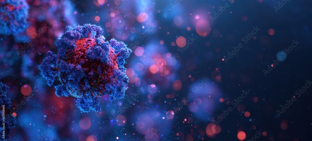 Poster the colorful microscopic view of a virus structure in digital rendering.
