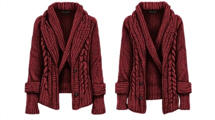 Burgundy Knitted Cardigans Showcase Featuring Intricate Cable Detailing