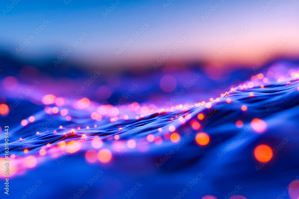Poster glowing blue and orange network nodes floating in space for cosmic tech themes