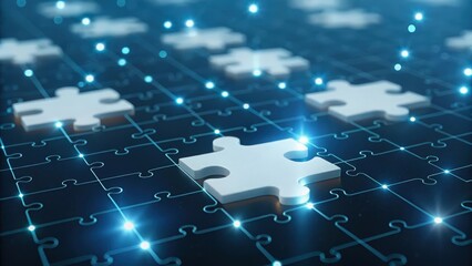 Interlocking glowing puzzle pieces floating in digital grid — seamless API connectivity concept
