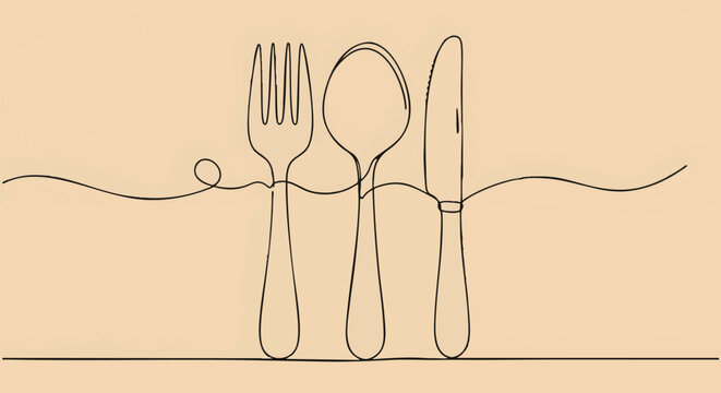 Continuous one-line drawing of a fork, spoon, and knife. Minimalist cutlery set illustration for a restaurant menu or dinner concept.