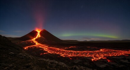 Volcano Eruption with Northern Lights