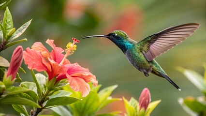 Naklejka premium Hummingbird Feeding on a Coral Hibiscus