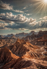 Dramatic Desert Landscape with Eroded Canyons and Sunrays