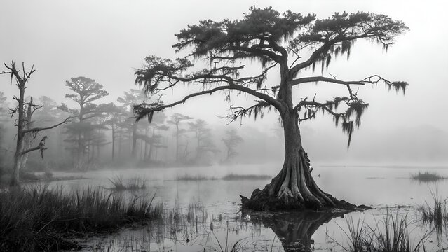 Black and White Cypress Tree in a Foggy Swamp