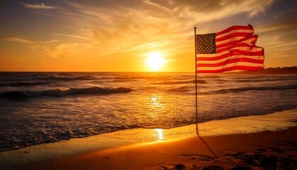 USA Flag Waving Over Serene Beach with Rolling Waves