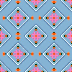 Geometric Floral Pattern with Pink Flowers and Hearts &ndash; Bright Blue Background