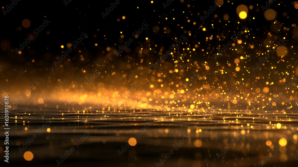 Poster golden sparkles cascade onto a gridpatterned reflective surface against a dark backdrop