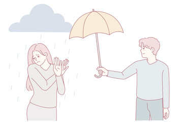 A kind and thoughtful gesture of offering an umbrella in the rain, symbolizing warmth, care, and support