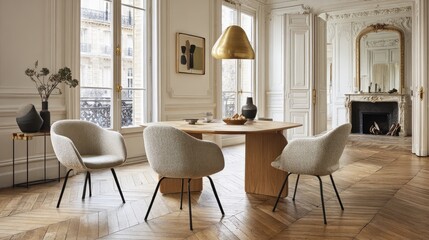 Fototapeta premium Dining room with an elegant, light-filled, and modern aesthetic.