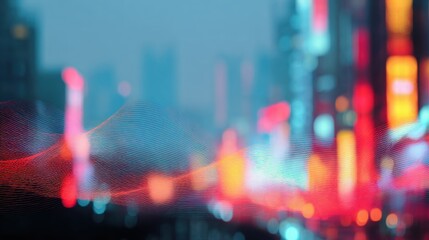 Abstract Digital Wave Overlaying Vibrant Cityscape At Night. Futuristic Technology Meets Urban Life