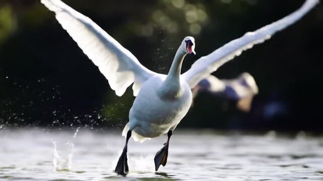 A swan landing on the water with its wings spread wide and water splashing around its feet