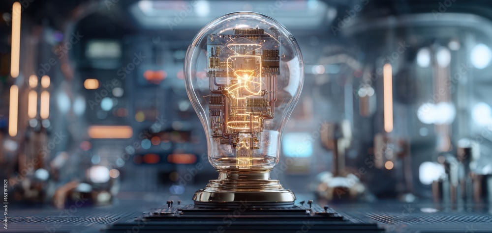 Poster the illuminated lightbulb showcasing futuristic circuitry and design elements.