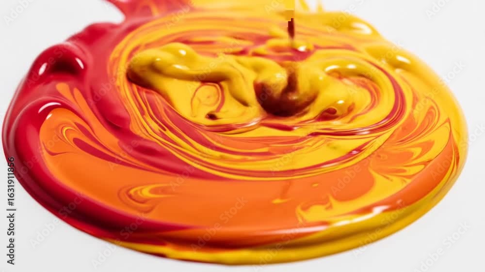 Poster Swirls of Yellow and Red Paint Mixing on a White Surface Creating Abstract and Vibrant Textures with Fluid Motion
