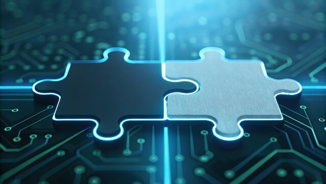 Puzzle pieces connected by neon lines against circuit board background — interoperable tech integration
 - Powered by Adobe
